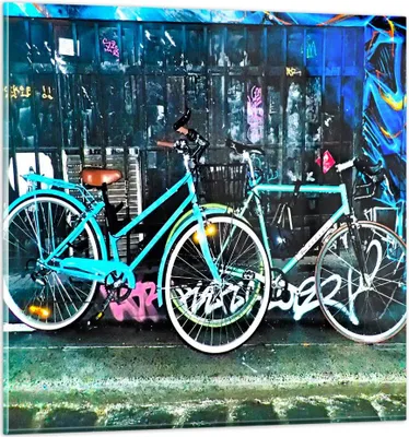Produktbild von Bilder auf glas - Fahrräder Graffiti Straße Wand - 70x70cm - Glasbilder - Wandbilder - Kunstdruck - zum Aufhängen bereit - Wanddekoration aus Glas - Glas Bilder - Wandbild auf Glas - GAC70x70-2949