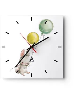 Produktbild von Wanduhr - Quadrat - Glasuhr - Häschen Luftballons Kinder - 30x30cm - Schleichendes Uhrwerk - Lautlos - zum Aufhängen bereit - Dekoration Modern - Wanddekoration aus Glas - C3AC30x30-4731
