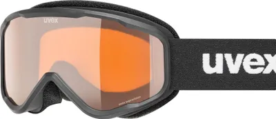 A pair of black ski goggles with orange lenses.