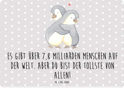 Produktbild von Mr. & Mrs. Panda Wandbild Pinguine Kuscheln DIN A4 - Grau Pastell - Geschenk, für Frauen, tafel, Freundin, Schild, Blechschild, Partner, Türschild, Valentinstag, Freund