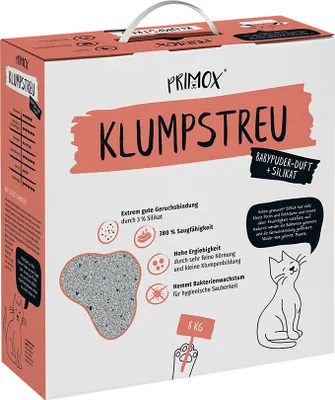 Produktbild von Katzenstreu PRIMOX Babypuderduft Silikat klumpend, mit Duft 8 kg