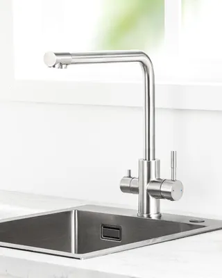 Produktbild von Wasserhahn Küchenarmatur, 360° Drehbar Spültischarmatur, Cecipa 3-Wege Küchenarmatur 304 Edelstahl, Filterwasserhahn, 2 Griffe, Gebürstet
