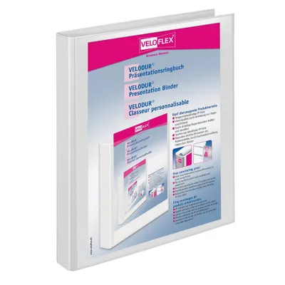 A white Veloflex presentation binder with marketing information on the front cover.