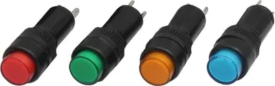 Four indicator lights in different colors are arranged in a row against a white background.