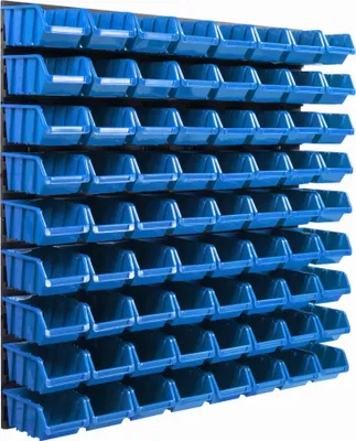 Produktbild von Lagersystem Wandregal 770 x 780 mm | 72 stck. Box | Stapelboxen Schüttenregal Sichtlagerkästen | Extra Starke Wandplatten | Regal Erweiterbar | Werkstattregal Lagerregal Werkstattwandregal Steckregal