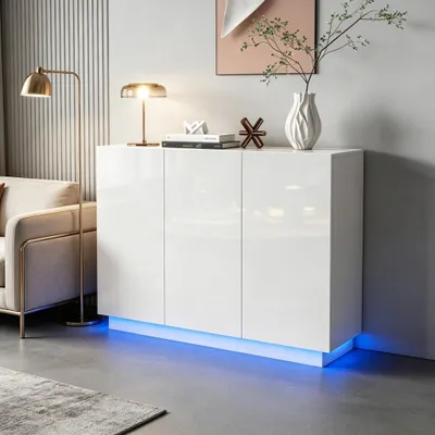 Produktbild von STILVORA Sideboard Hochglanz mit verstellbaren Regale,Beistellschrank mit Sockel LED-Licht,Esszimmerschrank mit öffnen&schließen Türen,Weiß