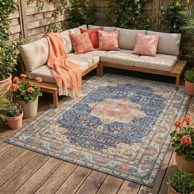 Produktbild von Volero - Outdoor Teppich Vintage - Kairo Medaillon Dunkelblau Terra - 200x290 cm - Wohnzimmer, Esszimmer, Balkon, Garten, Terrasse - Retro