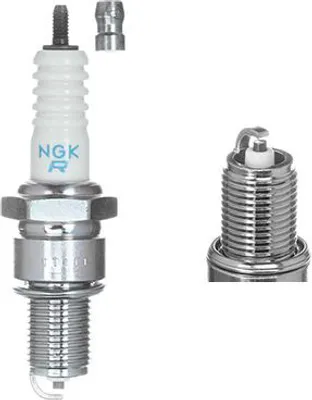A product shot of a spark plug and a close-up of its tip, presented against a white background.