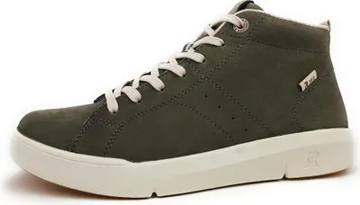 A studio shot of a green high-top sneaker with a cream sole and laces.