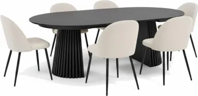 Produktbild von Tokyo Essgruppe Esstisch schwarz, 6 Stühle aus beigem Samt.