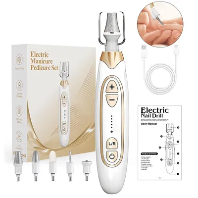 Produktbild von Maniküre/Pediküre Set, Nagelfräser, Elektrische Nagelfeile mit 6 Aufsätzen, 20 Sandringe, 5 Geschwindigkeitsstufen und LED Licht Weiß