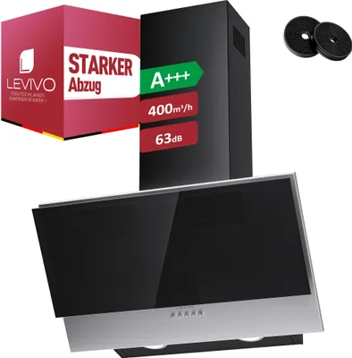 Produktbild von LEVIVO A+++ Kopffreie Dunstabzugshaube 60cm Umluft & Abluft mit 400 m³/h Luftleistung, Abzugshaube mit 2 Aktivkohlefiltern, 1 Fettfilter, 3 Stufen