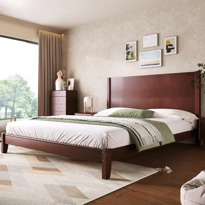 Image de Lit plateforme 160x200 cm avec tête de lit, 11 lattes en bois massif, capacité de charge de 200 kg, en pin/MDF, pour matelas de 10 à 15 cm, couleur marron