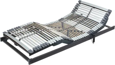 An adjustable bed frame with slats.