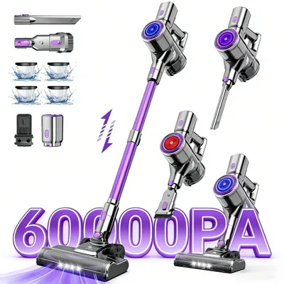 Obrázek produktu pro Bezdrátový akumulátorový vysavač – ruční a tyčový vysavač – motor 400 W – filtr HEPA – LCD displej – výdrž baterie až 59 minut – nádoba na prach 1–2 l – fialová