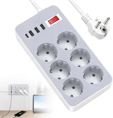 Produktbild von Mehrfachsteckdose mit 6 Steckplätzen – 10-in-1-Steckdosenleiste mit USB-Anschlüssen (1 USB-C-Anschluss und 3 USB-A-Anschlüsse) – mit Überspannungsschutz