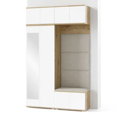 Produktbild von Garderoben-Set Aura Version 3: Kleiderschrank mit Polsterpaneelen, Schuhschrank Flur und Eingangsbereich (weiß/Artisan-Eiche /Trinity 01)