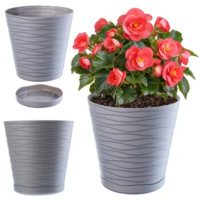 Produktbild von KADAX Blumentopf mit Untersetzer "Greve", Blumenkübel, Pflanztopf aus Kunststoff, Übertopf, rund, 13 cm, Grau