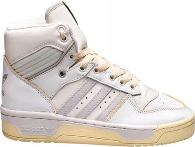 A studio shot of a single Adidas Rivalry Hi sneaker.