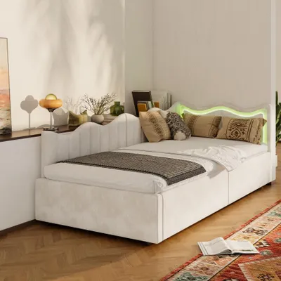 Obrázek produktu pro Čalouněná postel 90 x 200 cm, rozkládací pohovka s úložným prostorem, LED osvětlením a lamelovým roštem, samet, béžová barva