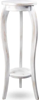 A white wooden plant stand with a vintage distressed finish.