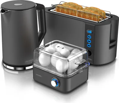 Produktbild von Arendo 3-teiliges Frühstücksset - Wasserkocher 1,5l, 4-Scheiben Toaster, 8er Eierkocher, Grau