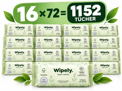 Produktbild von Wipely Baby Feuchttücher Sensitive 16er Set (1152 Stück) 99% Wasser, Ohne Parfum & Alkohol, getestet, Biologisch abbaubar recycelbar