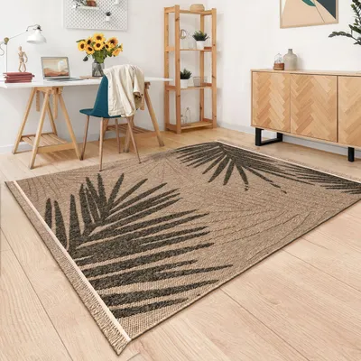 Produktbild von TT Home In-& Outdoor Teppich Wohnzimmer Wetterfest Terrasse Balkon Schlafzimmer Boho Stil Blattmotiv 3D Optik Fransen Größe 240x340 cm