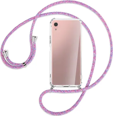 Produktbild von Handykette Backcover-Schutzhülle mit Band (Metall silberfarben) für Sony Xperia XA1 Plus - lila/rosa/blau