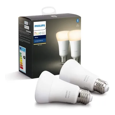 Image de Philips Hue White E27 pack de deux, lumière blanche chaude, dimmable, contrôlable via l'application, compatible avec Amazon Alexa (Echo, Echo Dot)
