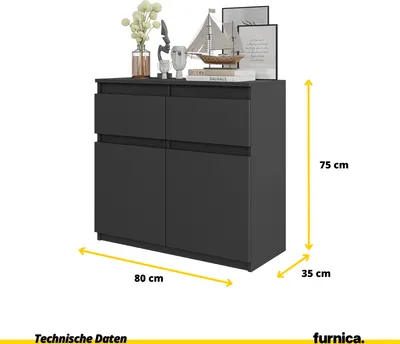 Obrázek produktu pro FURNICA - NOAH - Komoda se 2 zásuvkami a 2 dvířky - antracitově šedá V75cm Š80cm H35cm