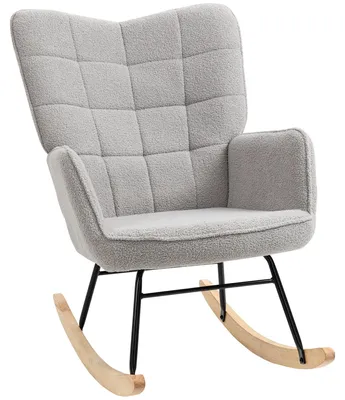 Image de Fauteuil berçant, structure en bois massif, design rétro confortable, couleur gris clair