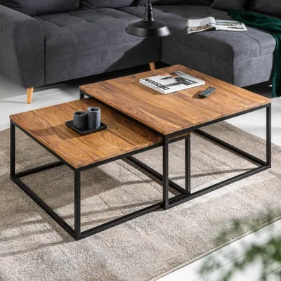 Produktbild von riess-ambiente 2er Set Couchtisch ELEMENTS 65cm braun Sheesham Massivholz stone finish Eisen schwarz