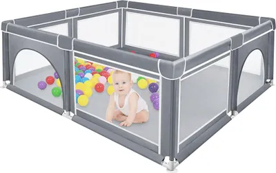 Produktbild von Baby Laufgitter faltbar 180x150cm Laufstall Krabbelgitter mit Tragetasche Grau