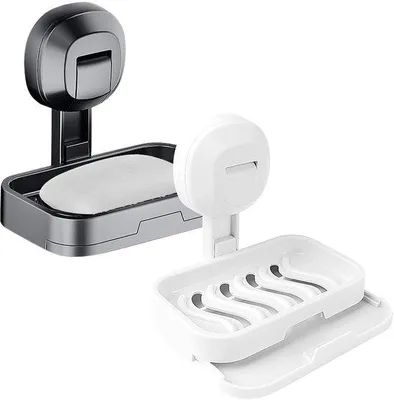 Produktbild von Unyqoos® Seifenhalter 2er-Set mit Abfluss und Saugnapf, platzsparend, ABS-Kunststoff, Grau/Weiß – für Bad & Küche