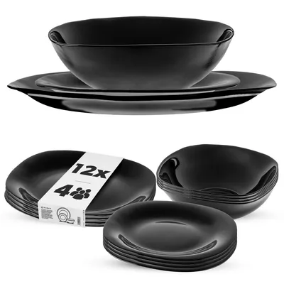 Produktbild von KADAX Geschirrset für 4 Personen, 12-tlg, Tafelservice mit Suppenteller, Dessertteller und Speiseteller, Essgeschirr, Geschirr Set, Tellerset (Schwarz)