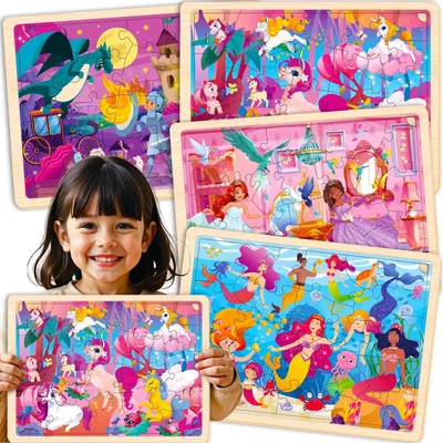Image de Jeu de puzzles en bois pour enfants - 4 puzzles de 24 pièces, idéal pour les garçons et les filles de 3 à 8 ans
