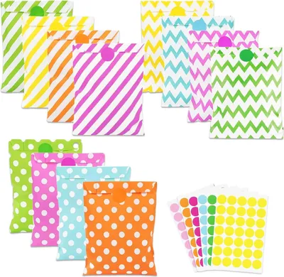 Produktbild von 120 Stück Bunte Geschenktüten, Candy bar Tüten mit 210 Aufkleber, Geburtstagstüten Kinder, Klein Geschenktüten für Ostern Geburtstag Hochzeit Taufe Party