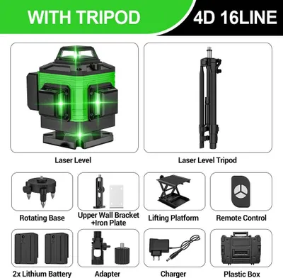 Image de Laser à lignes croisées - 4D 16 lignes 360° - Auto-nivelant - Laser vert - Avec trépied - Mallette à outils - Prise UE - Or
