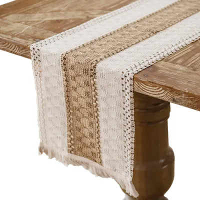 Obrázek produktu pro Běžná obdélníková běhoun na stůl z bavlny a juty s bambulkami, rozměry 30 x 275 cm