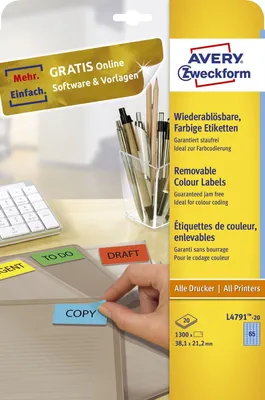 Image de Avery Zweckform® L4791-20 L4791-20 Étiquettes - 38,1 x 21,2 mm, bleu, 1 300 étiquettes/20 feuilles, repositionnables