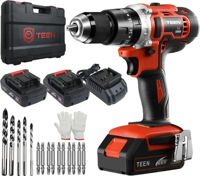 Produktbild von TEENO Akku-Bohrschrauber 20V, 2x 2.0 Ah Akku, 45 Nm, 20+3 Drehmomenteinstellungen, 2-Gang-Getriebe,13 mm Bohrfutter, inkl. Zubehör und Koffer
