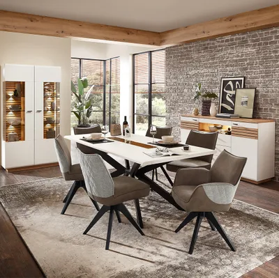 Produktbild von Esszimmer Set, weiß mit Eiche, FALLON-55, modern, 3-teilig