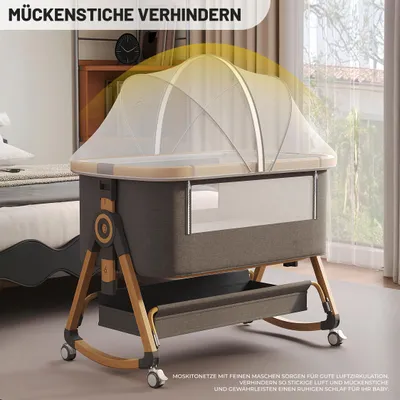 Produktbild von OYAJIA  Beistellbett 3 in 1 Beistellbett Stubenwagen Babybett Baby-Reisebett 6-stufige Höhenverstellung, mit Rollen, Matratze und Moskitonetz