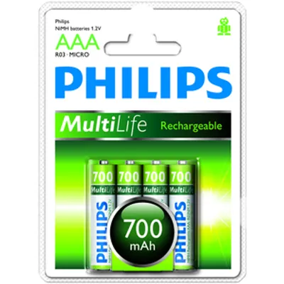 Produktbild von Philips Rechargeables Akku R03B4A70/10, Wiederaufladbarer Akku, AAA, Nickel-Metallhydrid (NiMH), 1,2 V, 700 mAh, Cd (cadmium), Hg (Quecksilber)