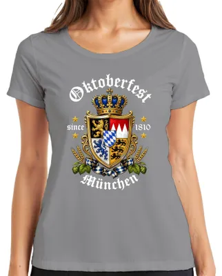 Productafbeelding van Bayern-wapen, leeuw, kroon, bier, hop, mout, traditioneel shirt, lederen broek, dames T-shirt, grijs, XXL