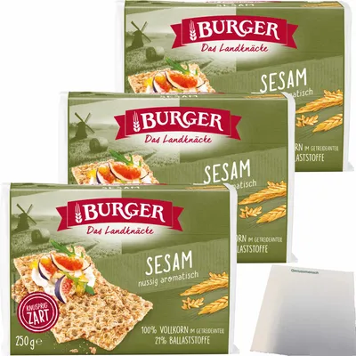 Produktbild von Burger das Landknäcke Sesam nussig aromatisch 3er Pack (3x250g Packung) + usy Block