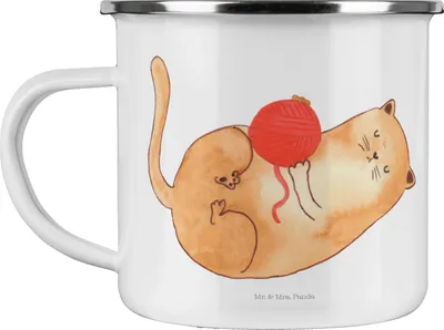Produktbild von Mr. & Mrs. Panda Emaille Tasse Katze Wolle - Weiß - Geschenk, Cats, Pott, Katzen, Teetasse, becher, Haferl, Cat, Spielen, Putzig, Emailletasse