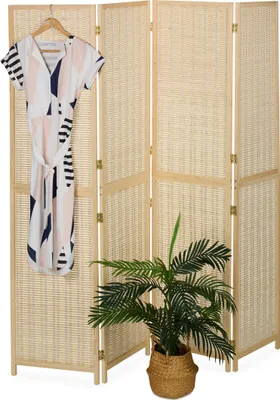 Zdjęcie produktu dla Parawan Relaxdays, 4-częściowy, składany parawan, wys. x szer.: 180 x 182 cm, bambus i drewno, salon, parawan do wnętrz, kolor naturalny