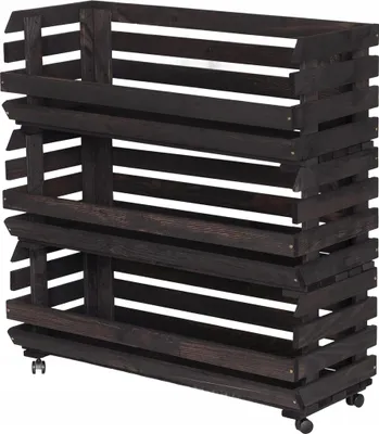 Obrázok produktu pre STOLMAK Drevená debnička na ovocie a zeleninu 77 x 79 x 30 cm, regál na zemiaky, 3 úrovne, kolieska, čierna